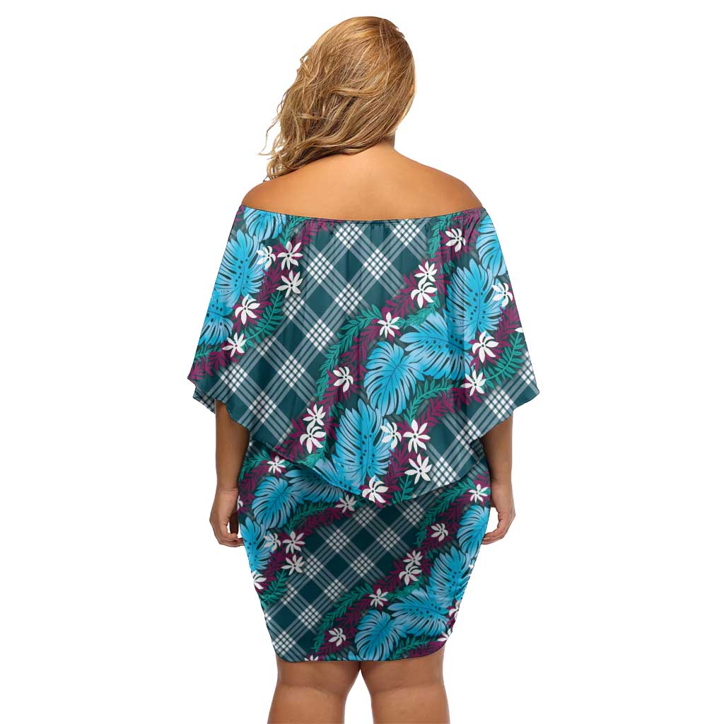 Polynesian Monstera Tiare Floral Off Shoulder Short Dress Dark Teal Tropical Plaid - Polynesian Pride