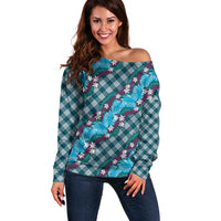 Polynesian Monstera Tiare Floral Off Shoulder Sweater Dark Teal Tropical Plaid - Polynesian Pride
