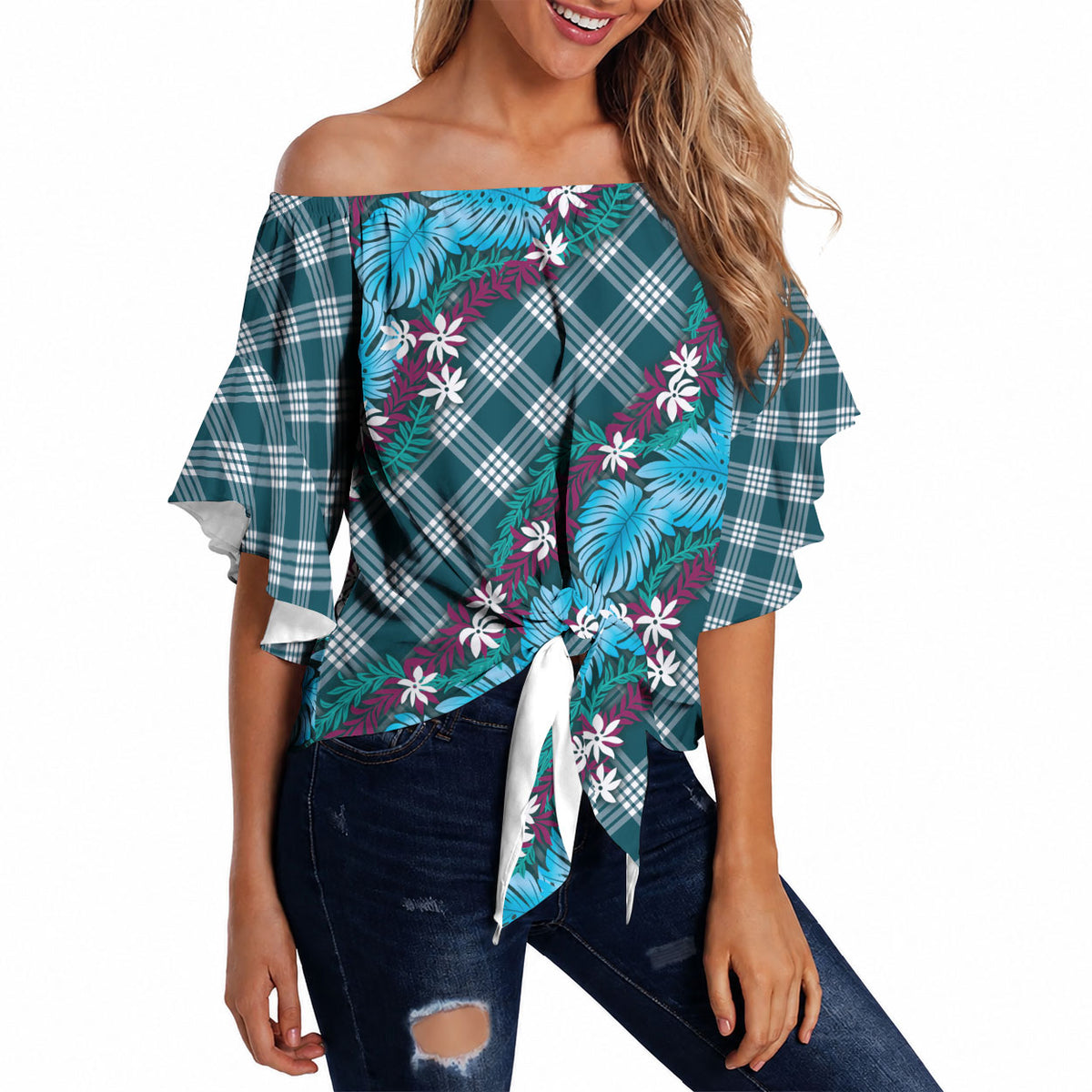 Polynesian Monstera Tiare Floral Off Shoulder Wrap Waist Top Dark Teal Tropical Plaid LT01 - Polynesian Pride
