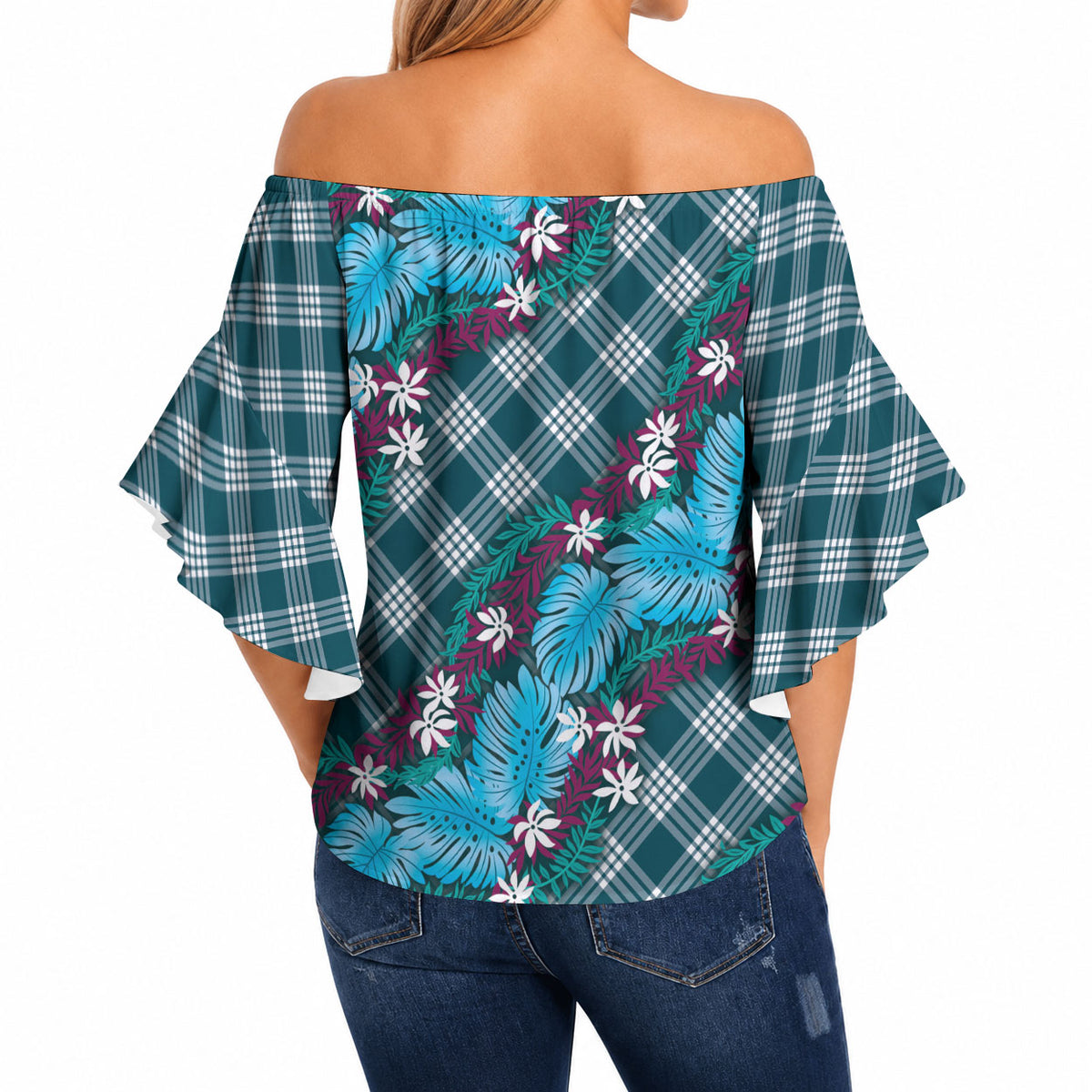 Polynesian Monstera Tiare Floral Off Shoulder Wrap Waist Top Dark Teal Tropical Plaid LT01 - Polynesian Pride