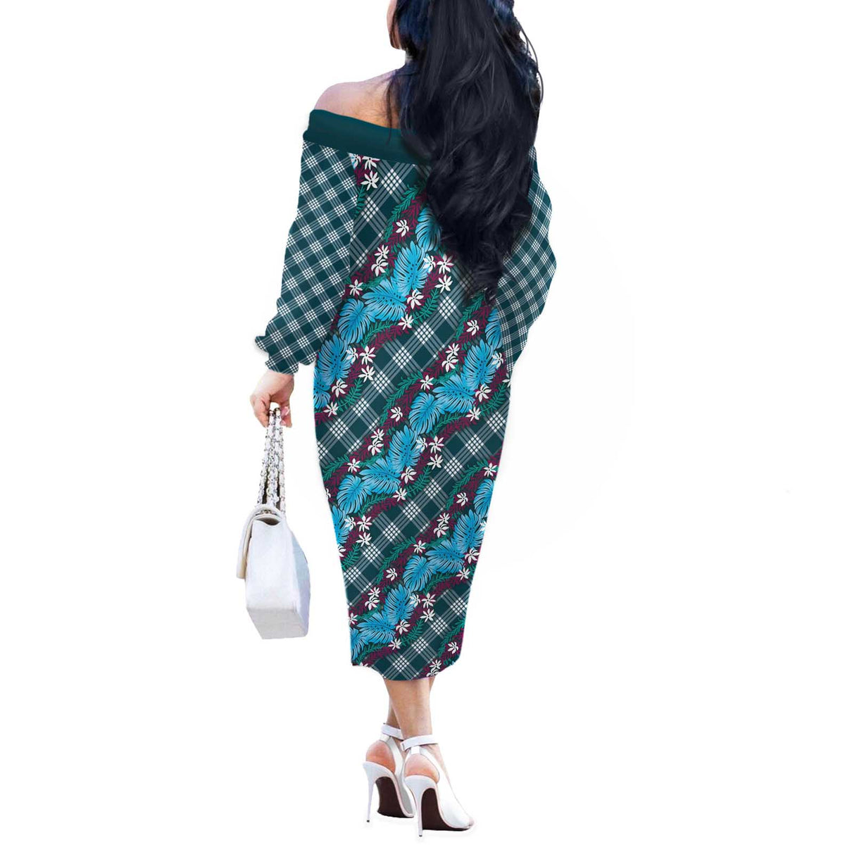 Polynesian Monstera Tiare Floral Off The Shoulder Long Sleeve Dress Dark Teal Tropical Plaid - Polynesian Pride