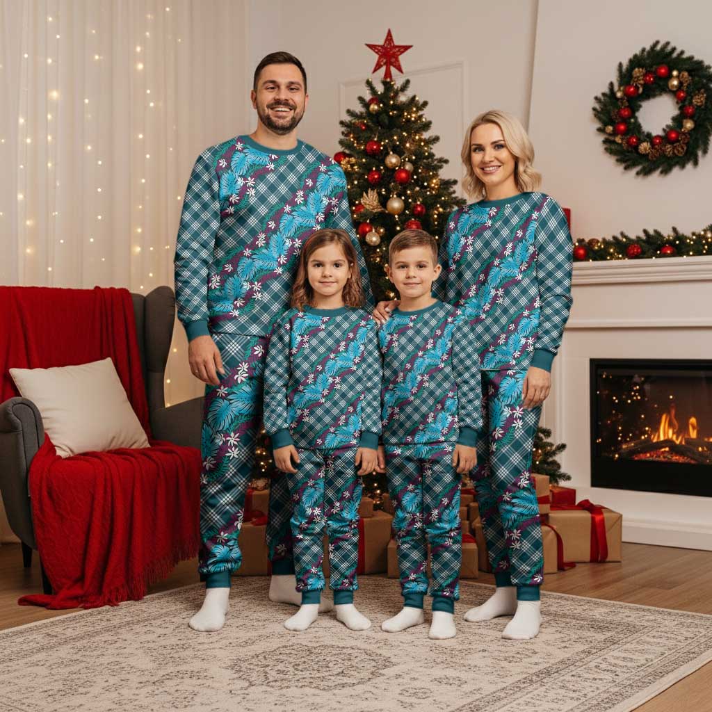 Polynesian Monstera Tiare Floral Christmas Pajama Set Dark Teal Tropical Plaid - Polynesian Pride