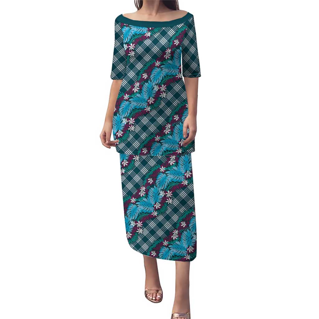Polynesian Monstera Tiare Floral Puletasi Dark Teal Tropical Plaid - Polynesian Pride