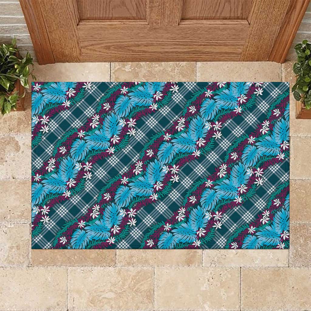 Polynesian Monstera Tiare Floral Rubber Doormat Dark Teal Tropical Plaid LT01 Teal - Polynesian Pride