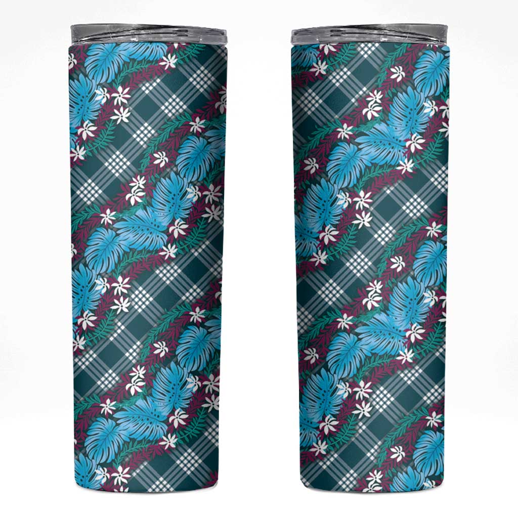 Polynesian Monstera Tiare Floral Skinny Tumbler Dark Teal Tropical Plaid LT01 Teal - Polynesian Pride
