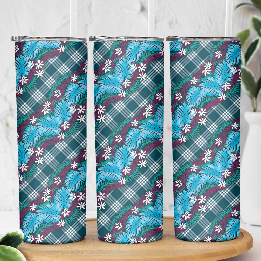 Polynesian Monstera Tiare Floral Skinny Tumbler Dark Teal Tropical Plaid - Polynesian Pride
