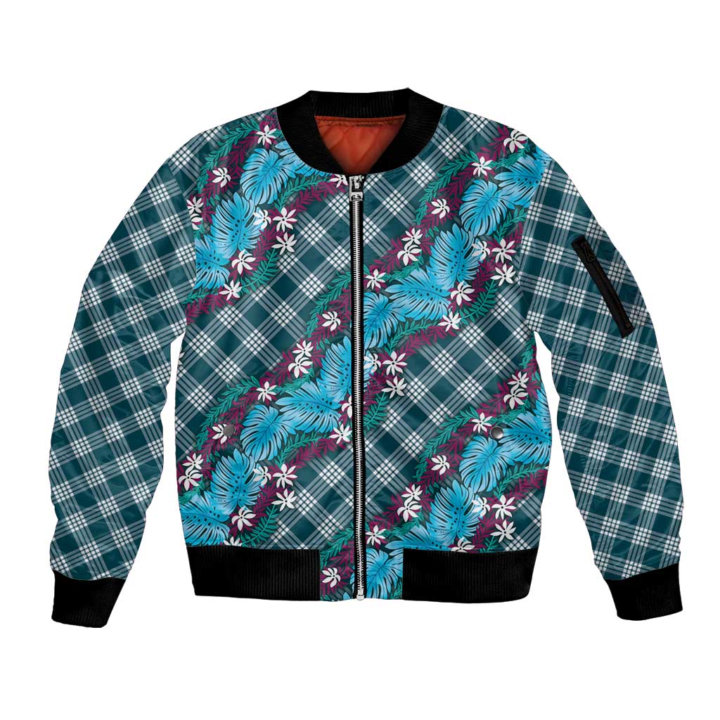 Polynesian Monstera Tiare Floral Sleeve Zip Bomber Jacket Dark Teal Tropical Plaid LT01 Unisex Teal - Polynesian Pride