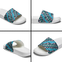 Polynesian Monstera Tiare Floral Slide Sandals Dark Teal Tropical Plaid - Polynesian Pride