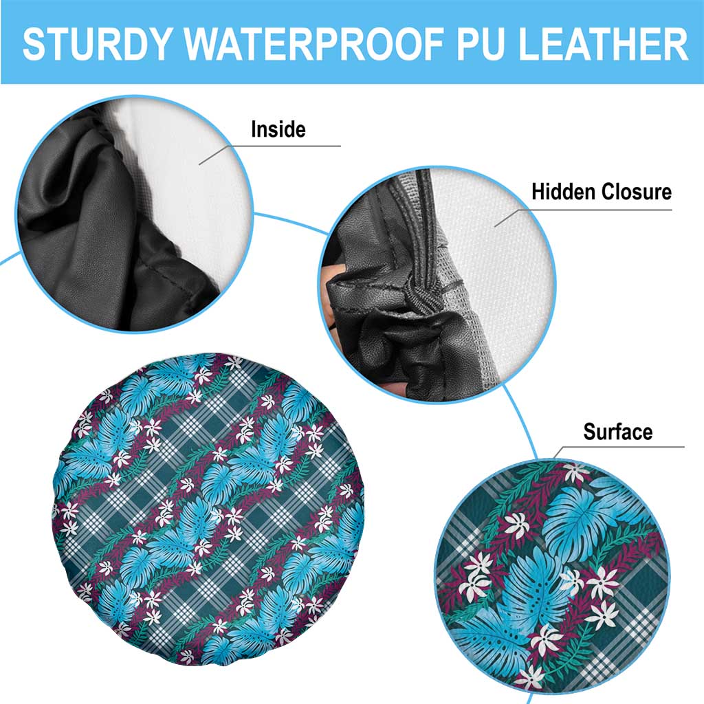 Polynesian Monstera Tiare Floral Spare Tire Cover Dark Teal Tropical Plaid - Polynesian Pride