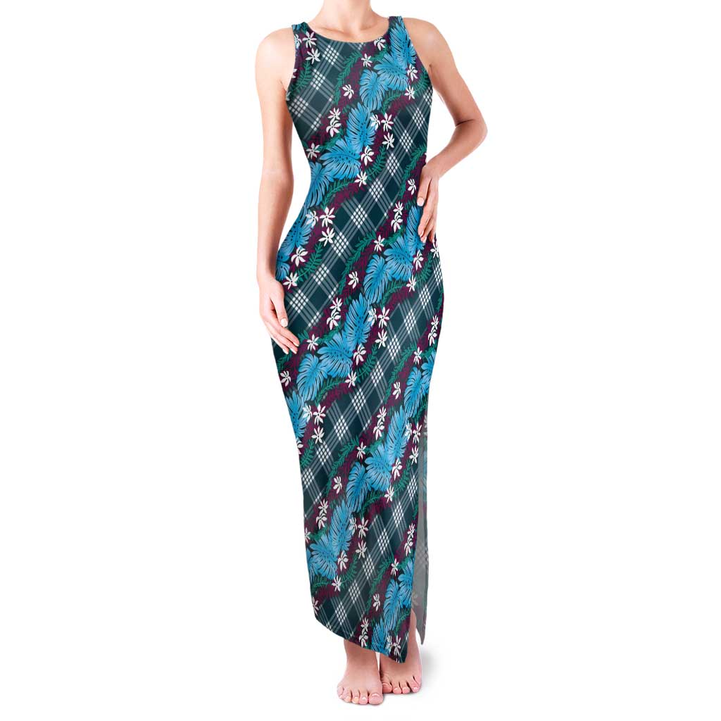 Polynesian Monstera Tiare Floral Tank Maxi Dress Dark Teal Tropical Plaid LT01 Women Teal - Polynesian Pride