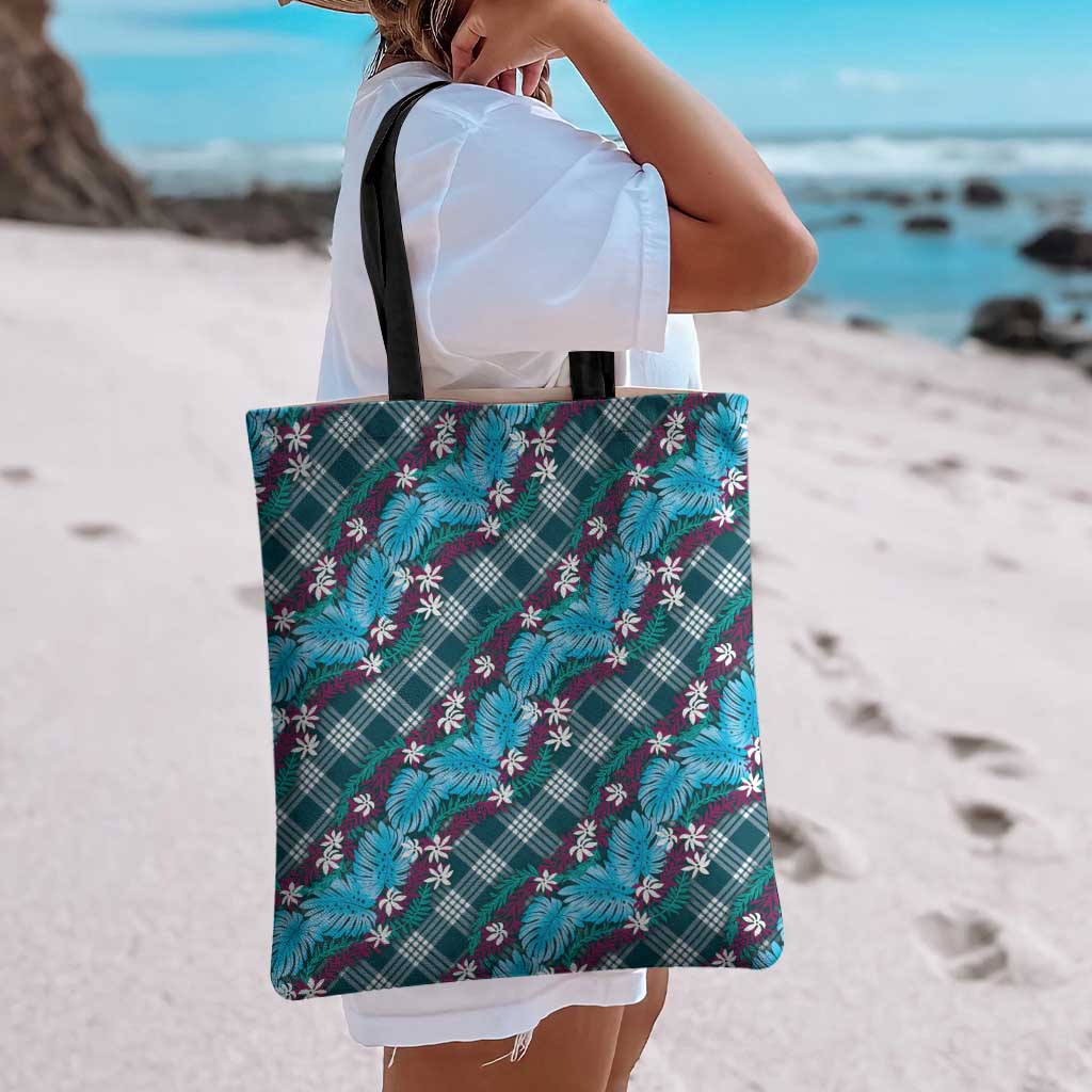 Polynesian Monstera Tiare Floral Tote Bag Dark Teal Tropical Plaid LT01 - Polynesian Pride