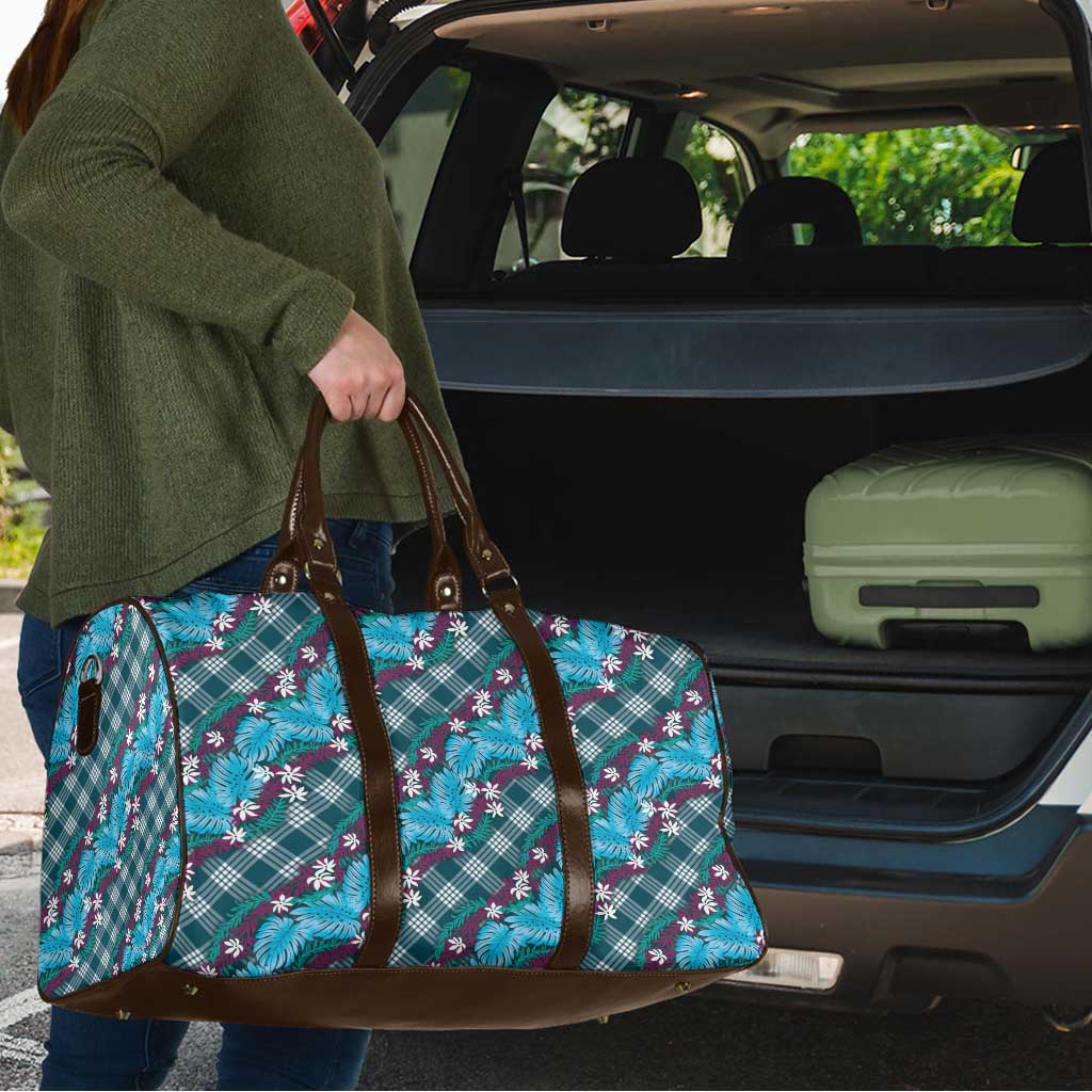Polynesian Monstera Tiare Floral Travel Bag Dark Teal Tropical Plaid - Polynesian Pride