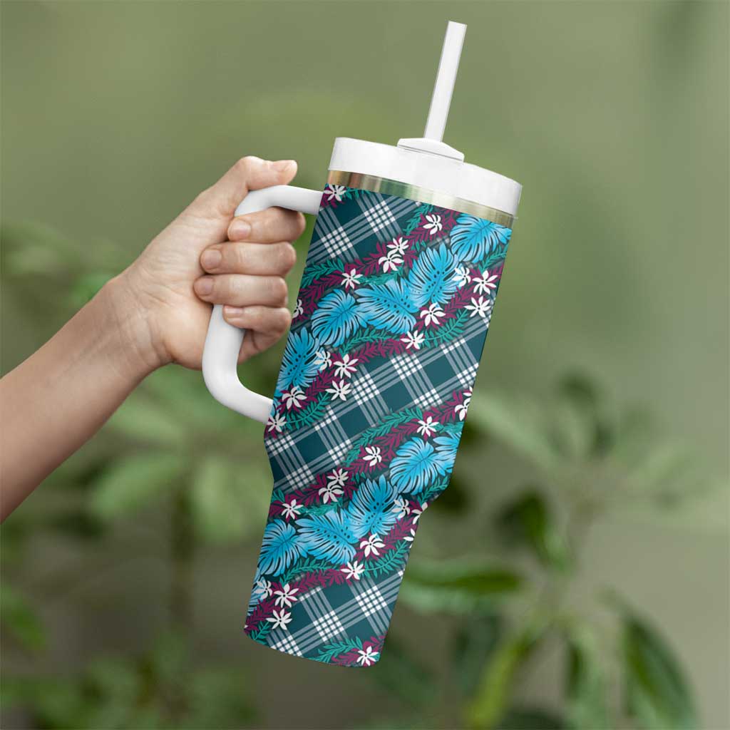 Polynesian Monstera Tiare Floral Tumbler With Handle Dark Teal Tropical Plaid - Polynesian Pride