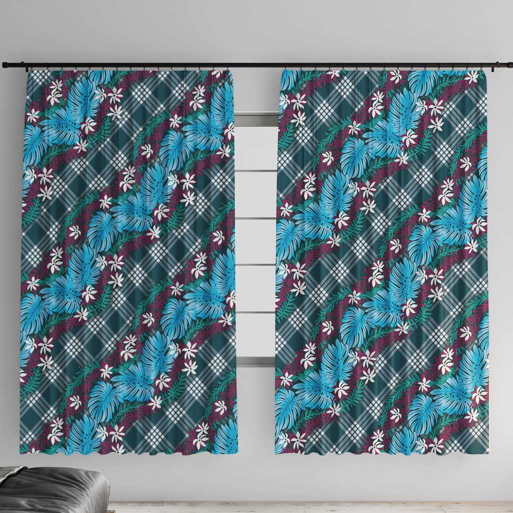 Polynesian Monstera Tiare Floral Window Curtain Dark Teal Tropical Plaid LT01 With Hooks Teal - Polynesian Pride