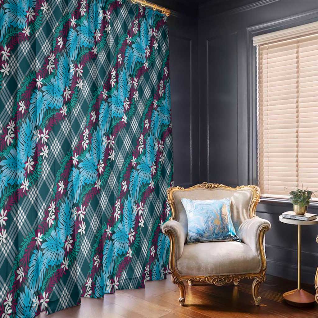 Polynesian Monstera Tiare Floral Window Curtain Dark Teal Tropical Plaid - Polynesian Pride