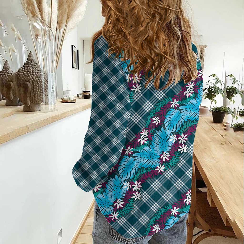 Polynesian Monstera Tiare Floral Women Casual Shirt Dark Teal Tropical Plaid - Polynesian Pride