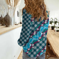 Polynesian Monstera Tiare Floral Women Casual Shirt Dark Teal Tropical Plaid - Polynesian Pride