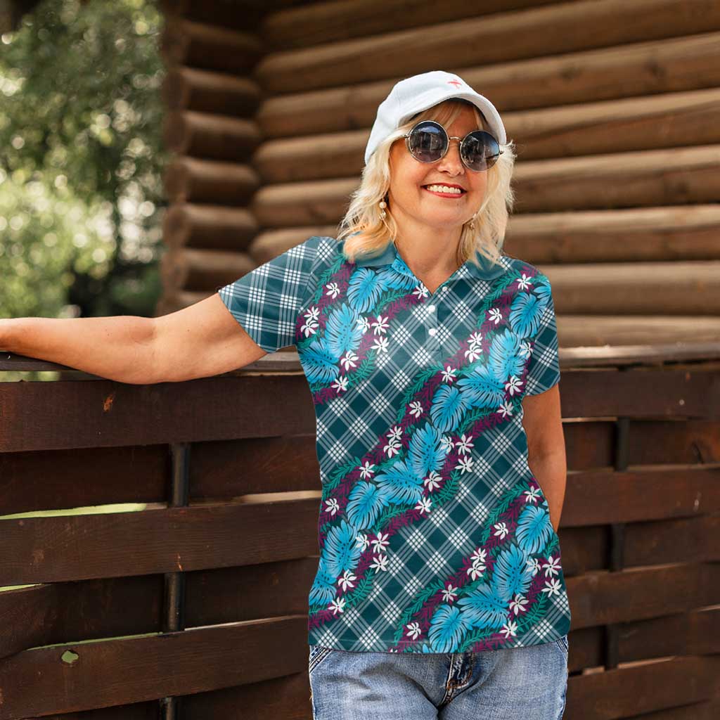 Polynesian Monstera Tiare Floral Women Polo Shirt Dark Teal Tropical Plaid - Polynesian Pride
