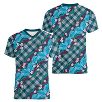 Polynesian Monstera Tiare Floral Women V-Neck T-Shirt Dark Teal Tropical Plaid - Polynesian Pride