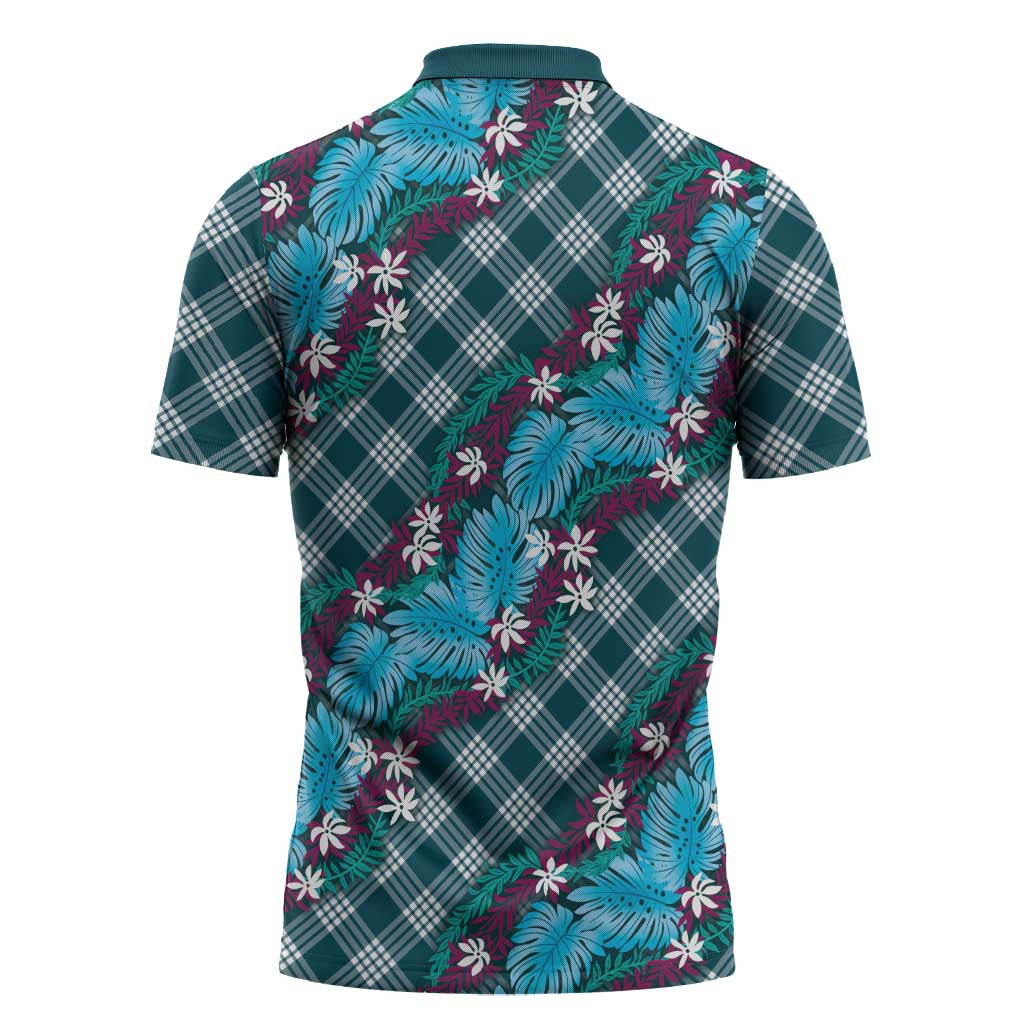 Polynesian Monstera Tiare Floral Zipper Polo Shirt Dark Teal Tropical Plaid - Polynesian Pride