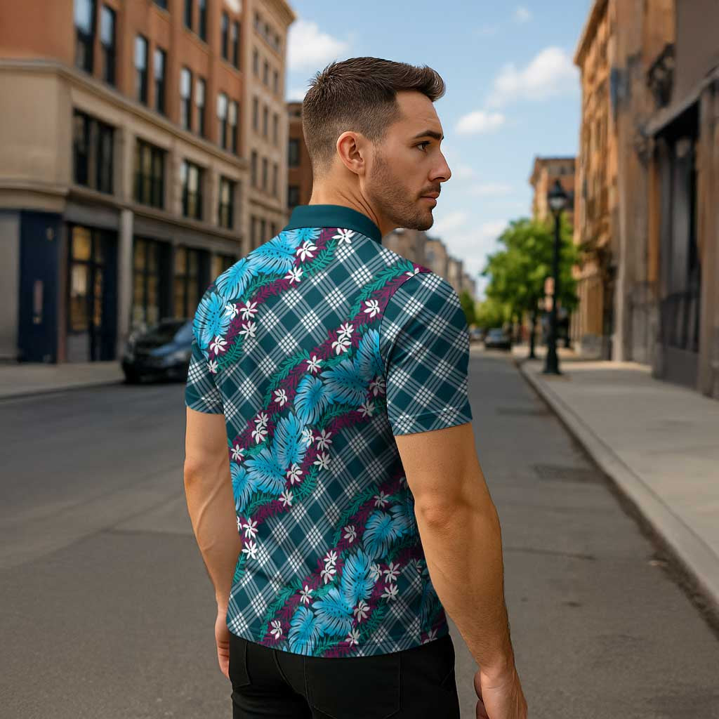 Polynesian Monstera Tiare Floral Zipper Polo Shirt Dark Teal Tropical Plaid - Polynesian Pride