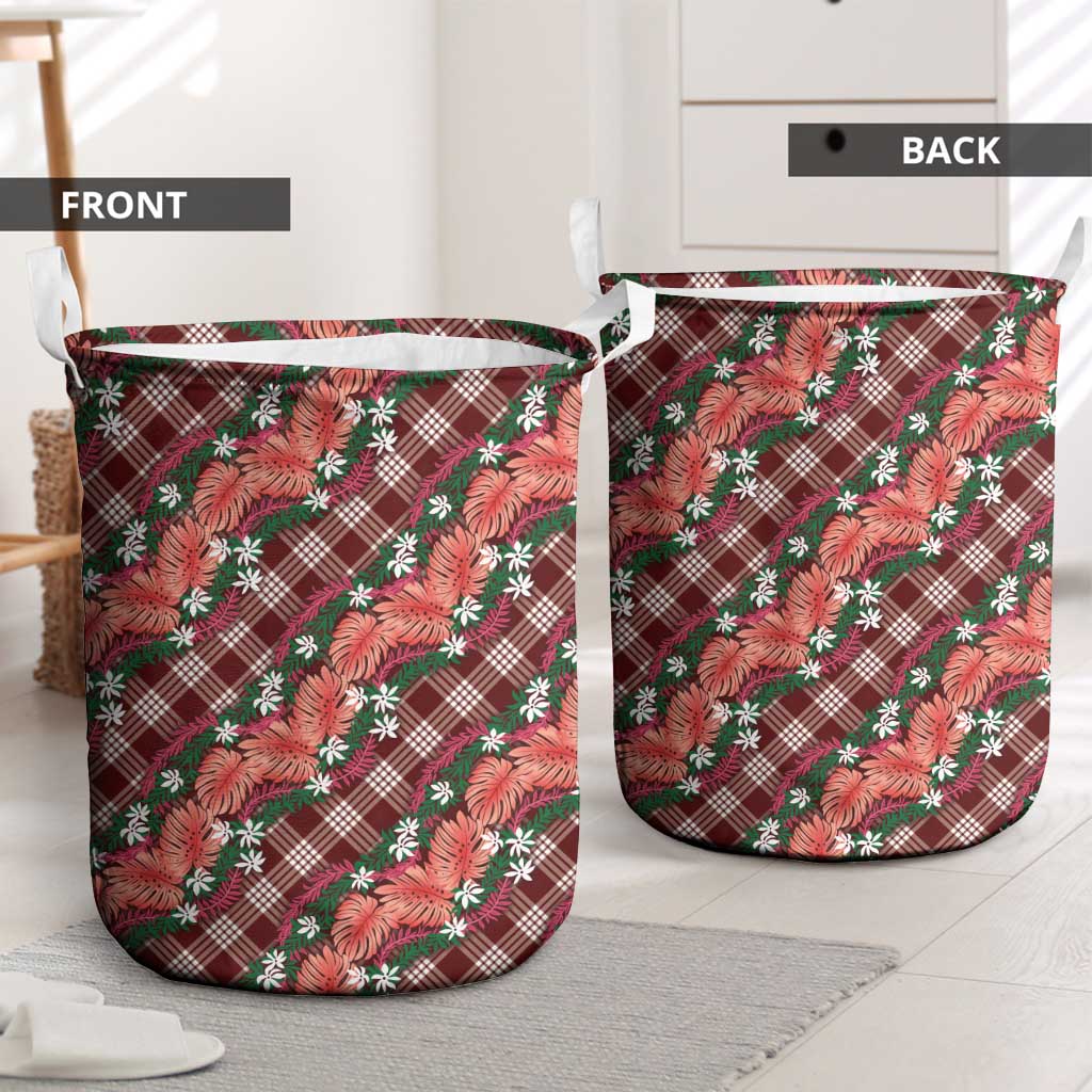 Polynesian Monstera Tiare Floral Laundry Basket Burgundy Tropical Plaid - Polynesian Pride