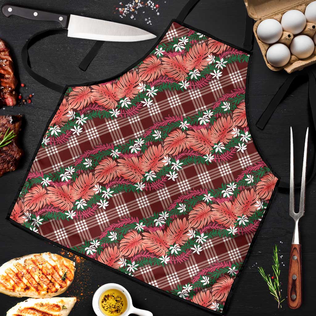 Polynesian Monstera Tiare Floral Apron Burgundy Tropical Plaid - Polynesian Pride