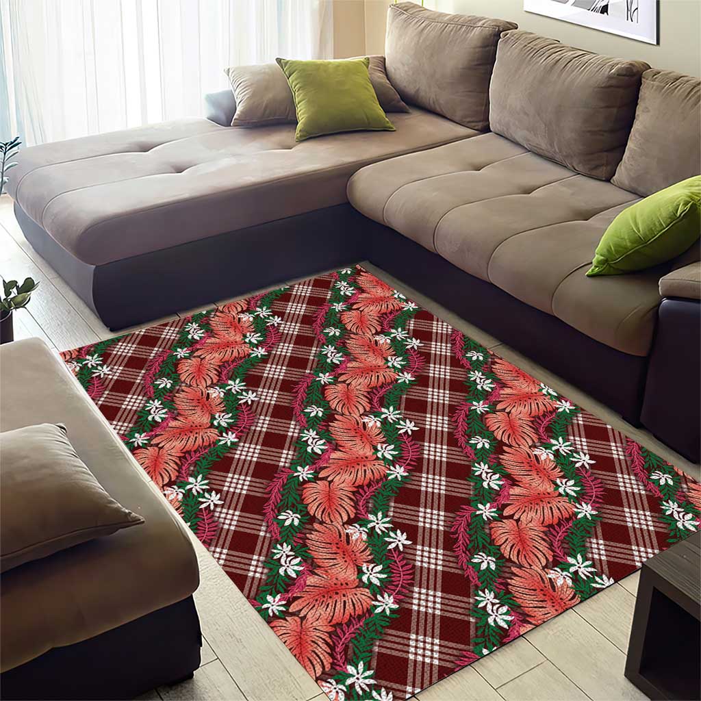 Polynesian Monstera Tiare Floral Area Rug Burgundy Tropical Plaid - Polynesian Pride