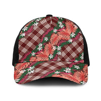 Polynesian Monstera Tiare Floral Baseball Net Cap Burgundy Tropical Plaid - Polynesian Pride