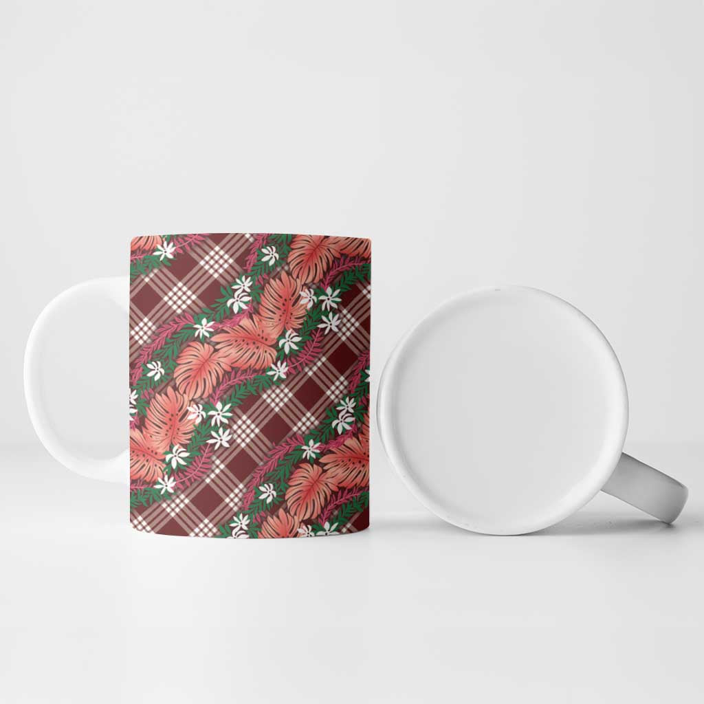 Polynesian Monstera Tiare Floral Ceramic Mug Burgundy Tropical Plaid LT01 - Polynesian Pride