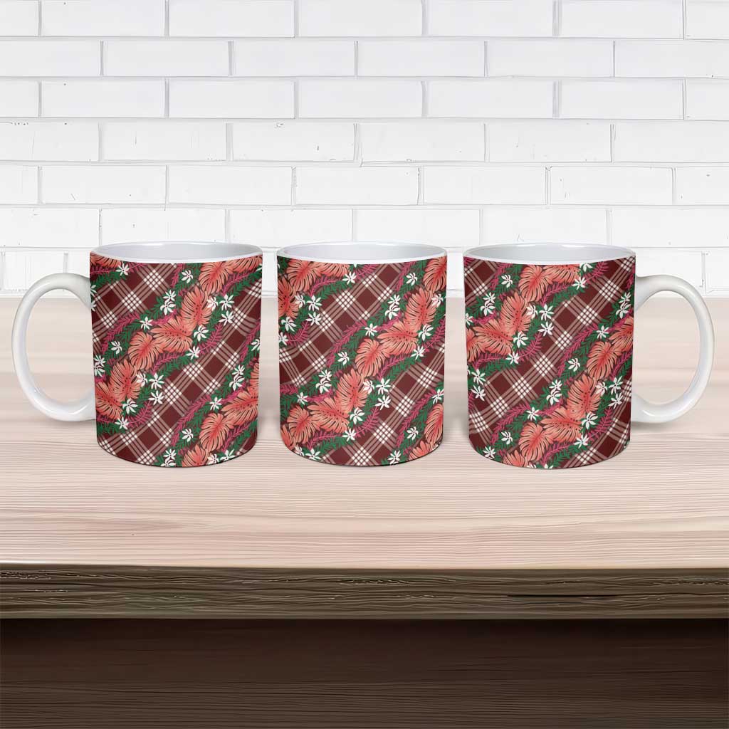 Polynesian Monstera Tiare Floral Ceramic Mug Burgundy Tropical Plaid LT01 - Polynesian Pride