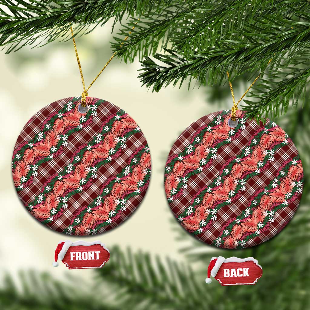 Polynesian Monstera Tiare Floral Ceramic Ornament Burgundy Tropical Plaid - Polynesian Pride