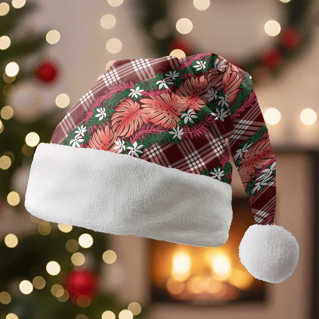 Polynesian Monstera Tiare Floral Christmas Santa Hat Burgundy Tropical Plaid - Polynesian Pride