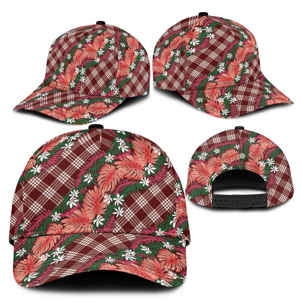 Polynesian Monstera Tiare Floral Classic Cap Burgundy Tropical Plaid - Polynesian Pride