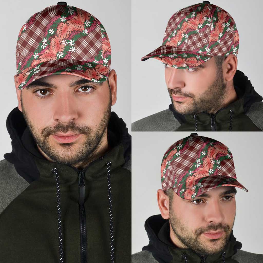 Polynesian Monstera Tiare Floral Classic Cap Burgundy Tropical Plaid - Polynesian Pride