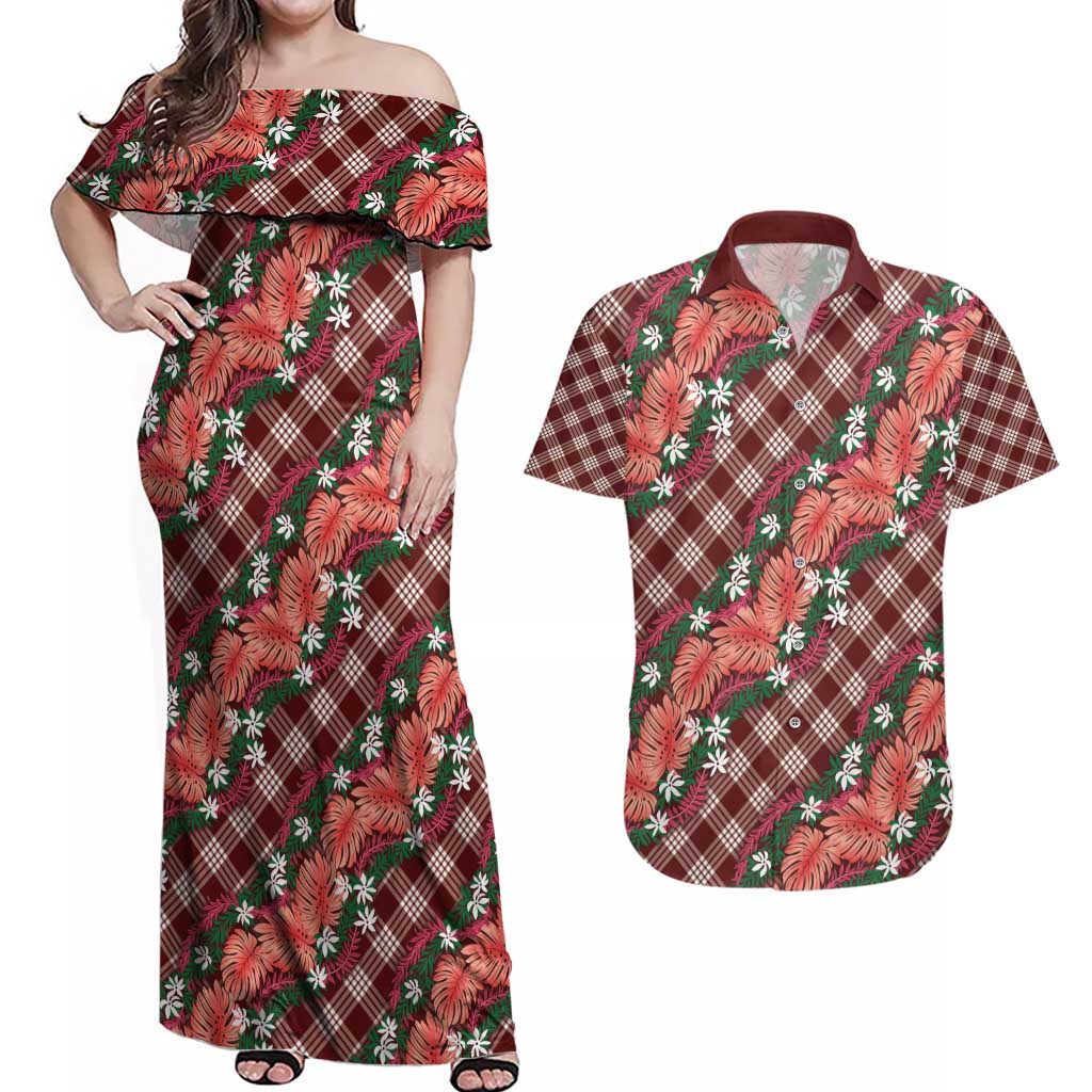 Polynesian Monstera Tiare Floral Couples Matching Off Shoulder Maxi Dress and Hawaiian Shirt Burgundy Tropical Plaid LT01 Red - Polynesian Pride