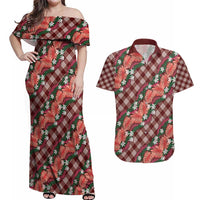 Polynesian Monstera Tiare Floral Couples Matching Off Shoulder Maxi Dress and Hawaiian Shirt Burgundy Tropical Plaid LT01 Red - Polynesian Pride