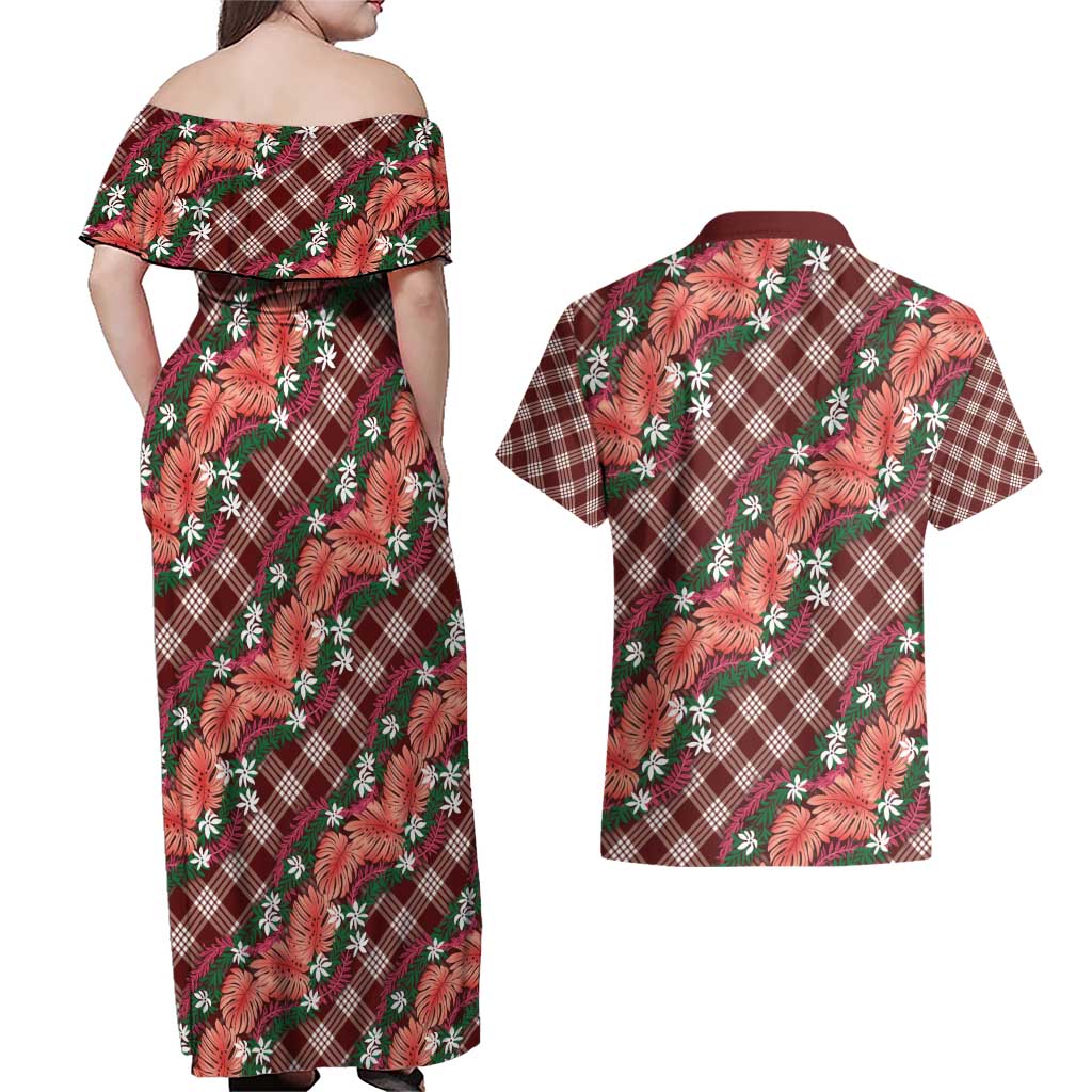 Polynesian Monstera Tiare Floral Couples Matching Off Shoulder Maxi Dress and Hawaiian Shirt Burgundy Tropical Plaid LT01 - Polynesian Pride