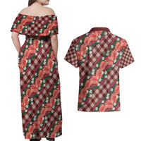 Polynesian Monstera Tiare Floral Couples Matching Off Shoulder Maxi Dress and Hawaiian Shirt Burgundy Tropical Plaid LT01 - Polynesian Pride