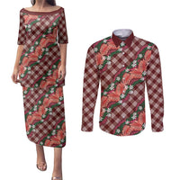 Polynesian Monstera Tiare Floral Couples Matching Puletasi and Long Sleeve Button Shirt Burgundy Tropical Plaid - Polynesian Pride