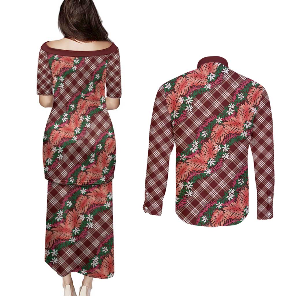 Polynesian Monstera Tiare Floral Couples Matching Puletasi and Long Sleeve Button Shirt Burgundy Tropical Plaid - Polynesian Pride