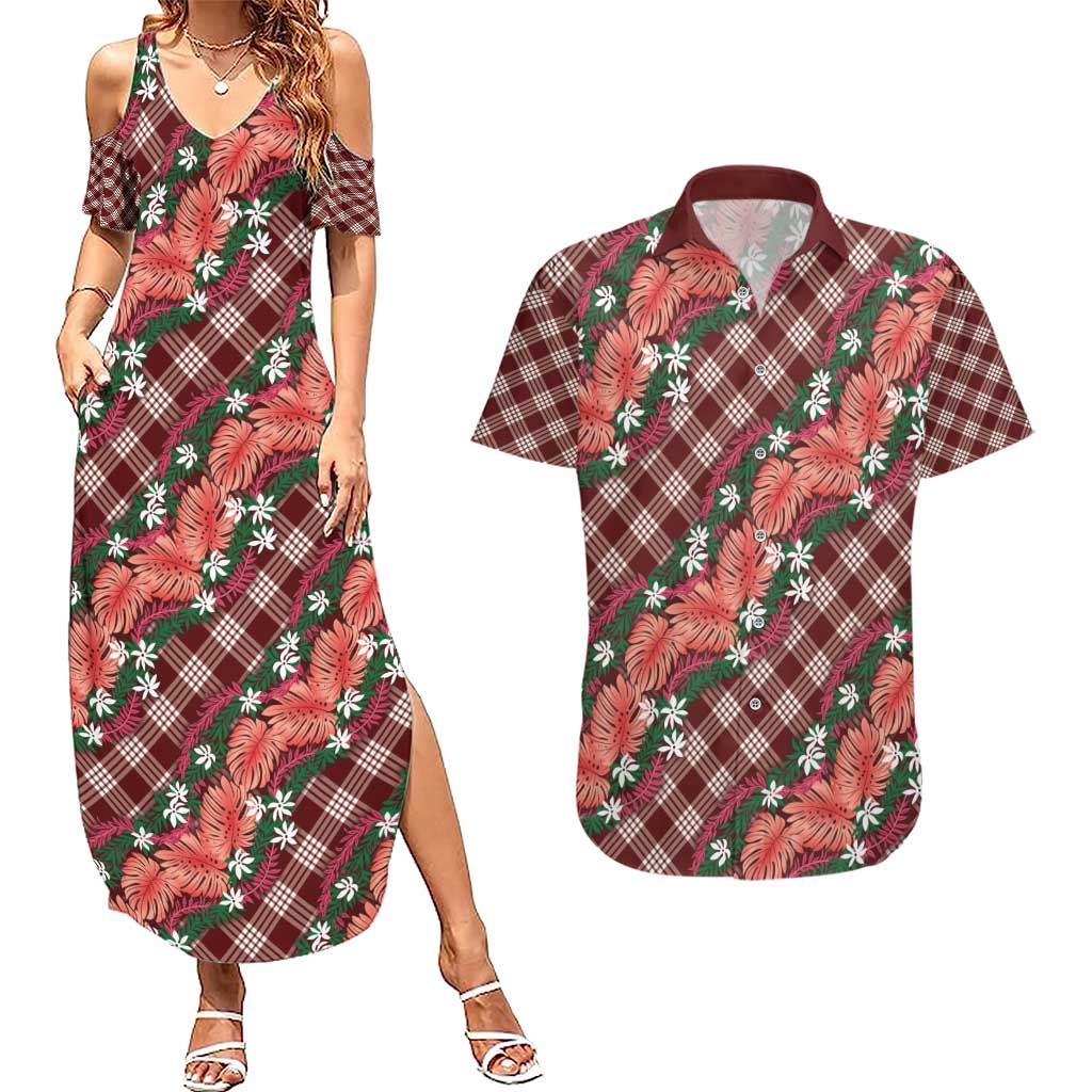 Polynesian Monstera Tiare Floral Couples Matching Summer Maxi Dress and Hawaiian Shirt Burgundy Tropical Plaid LT01 Red - Polynesian Pride