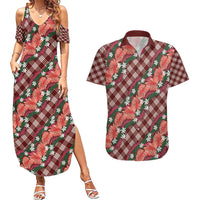 Polynesian Monstera Tiare Floral Couples Matching Summer Maxi Dress and Hawaiian Shirt Burgundy Tropical Plaid LT01 Red - Polynesian Pride