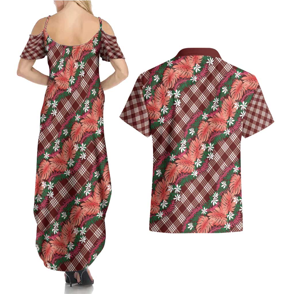 Polynesian Monstera Tiare Floral Couples Matching Summer Maxi Dress and Hawaiian Shirt Burgundy Tropical Plaid LT01 - Polynesian Pride