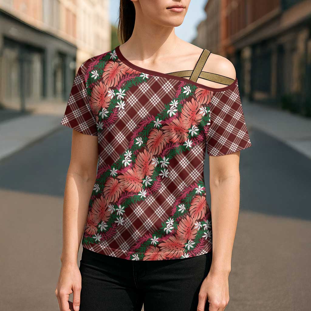 Polynesian Monstera Tiare Floral Cross Shoulder Shirt Burgundy Tropical Plaid - Polynesian Pride