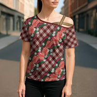 Polynesian Monstera Tiare Floral Cross Shoulder Shirt Burgundy Tropical Plaid - Polynesian Pride