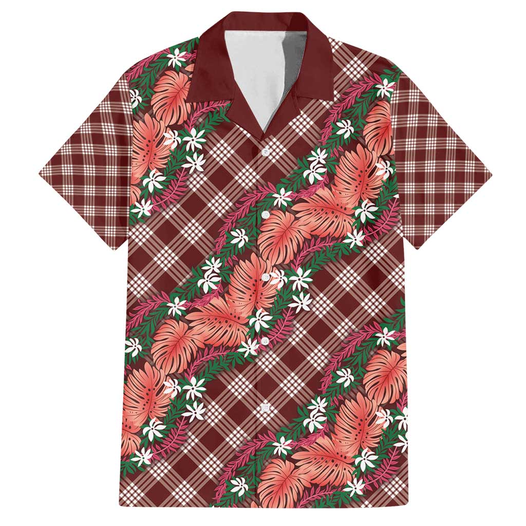 Polynesian Monstera Tiare Floral Family Matching Long Sleeve Bodycon Dress and Hawaiian Shirt Burgundy Tropical Plaid LT01 Dad's Shirt - Short Sleeve Red - Polynesian Pride