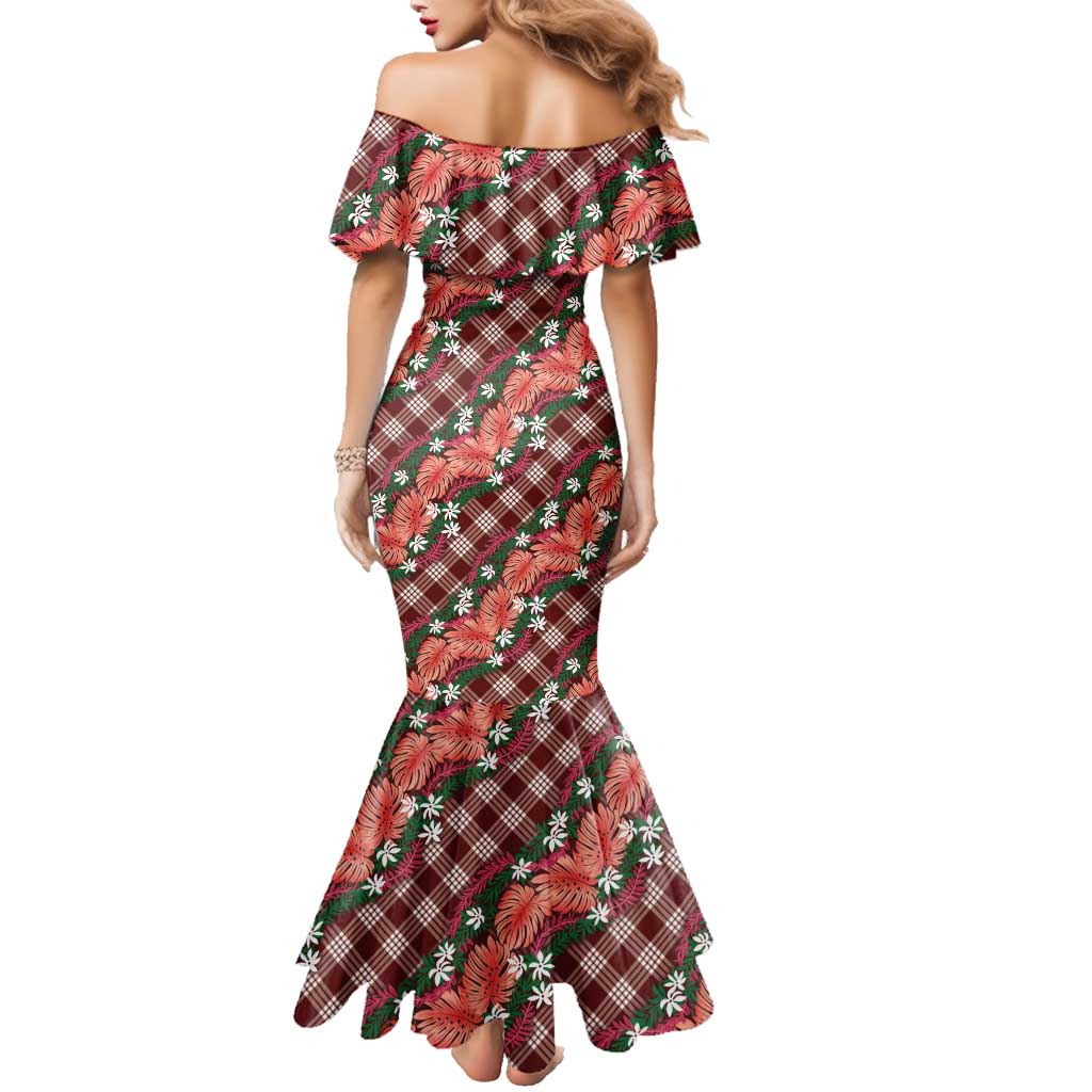 Polynesian Monstera Tiare Floral Family Matching Mermaid Dress and Hawaiian Shirt Burgundy Tropical Plaid LT01 - Polynesian Pride