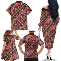Polynesian Monstera Tiare Floral Family Matching Off The Shoulder Long Sleeve Dress and Hawaiian Shirt Burgundy Tropical Plaid LT01 - Polynesian Pride