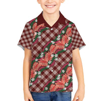 Polynesian Monstera Tiare Floral Family Matching Off The Shoulder Long Sleeve Dress and Hawaiian Shirt Burgundy Tropical Plaid LT01 Son's Shirt Red - Polynesian Pride